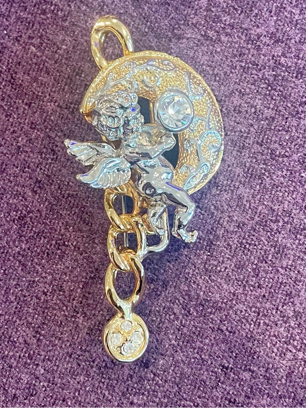 Gold and Silver Angel Moon Drop Pendant Necklace - Two-Tone Crystal Accent